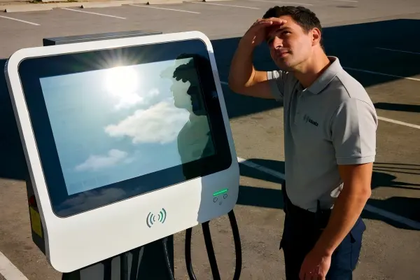 EV Charger Display Site Assessment Industrial displays for EV charging stations assessed for sun direction and mounting angle