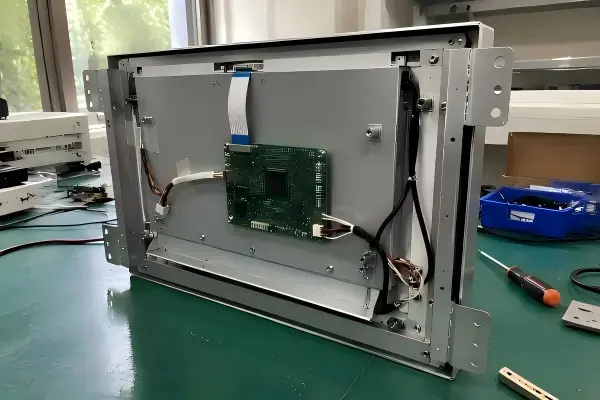 Industrial open frame monitor structure with mounting brackets and display controller