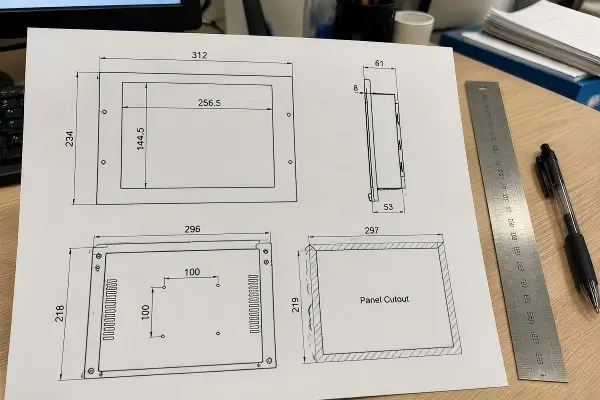 Open frame monitor mechanical drawing showing cutout depth and mounting points