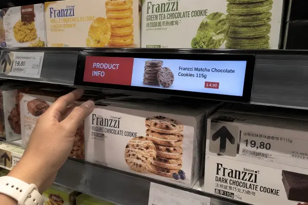 Stretched bar LCD display showing readable retail pricing and promotional content