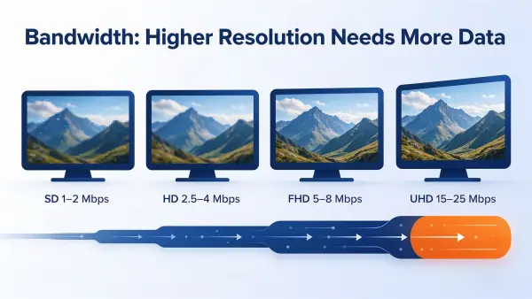 Streaming bandwidth requirements from SD to UHD: 1–2, 2.5–4, 5–8 and 15–25 Mbps