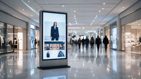Portrait digital signage totem in a shopping mall with close-range foot traffic